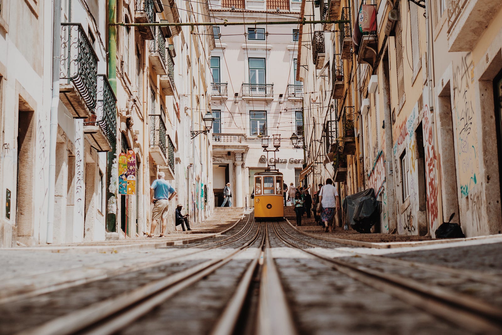 A tram in Lisbon with grafiti